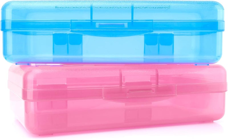 BOEIAC 2 Pack Plastic Pencil Case - Clear, Hard, Storage Box for School Office Supplies - Pink+Green - Image 1